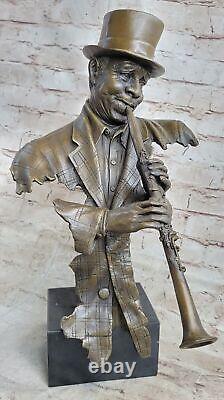 Hot Cast Decor Figure Clarinet Player Bronze Sculpture on marble base Artwork NR