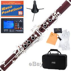 Mendini Rose Wood Body Bb Clarinet Silver Keys +Tuner+Stand+11 Reeds+Case-MCT-30